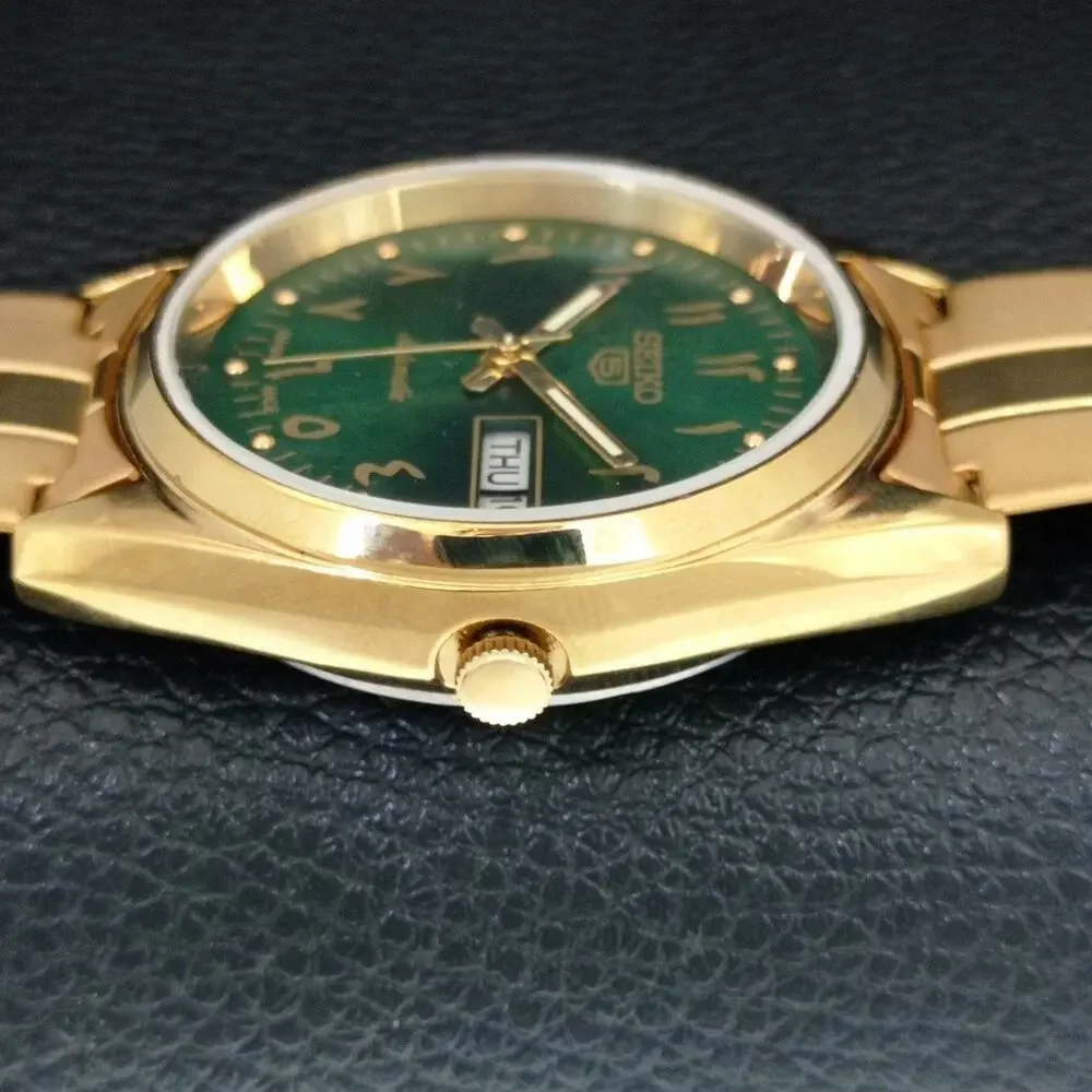 Vintage 1974 Seiko Automatic Mens Gold Watch W/daydate & Green accents